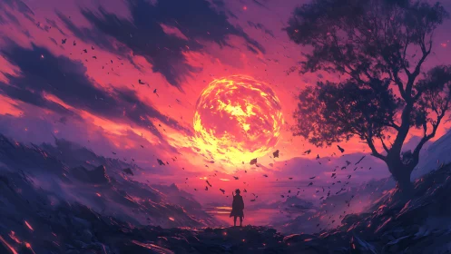 Silhouetted figure watches blazing sun over surreal coast