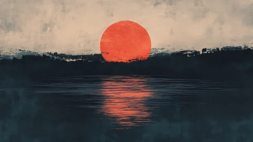 Bold red sun settles over calm water in a tranquil dusk