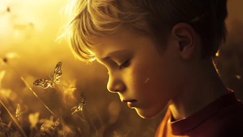 Child gazing at golden butterflies in ethereal light.