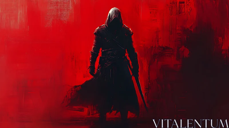 Scarlet shadows swallow a lone hooded swordsman in silence