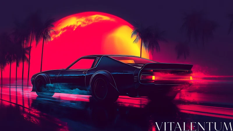 Retro sports car on neon coastal road at digital sunset.