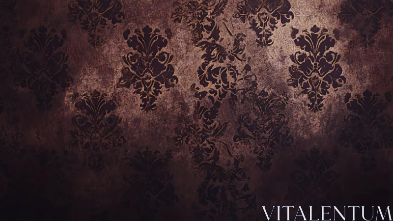 Vintage damask wallpaper shows distressed textured surface