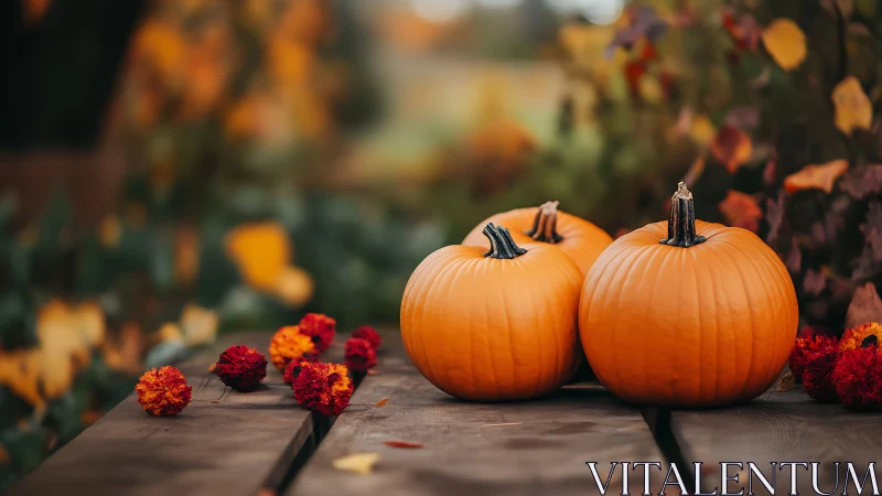 Three orange pumpkins on rustic table in autumn garden.