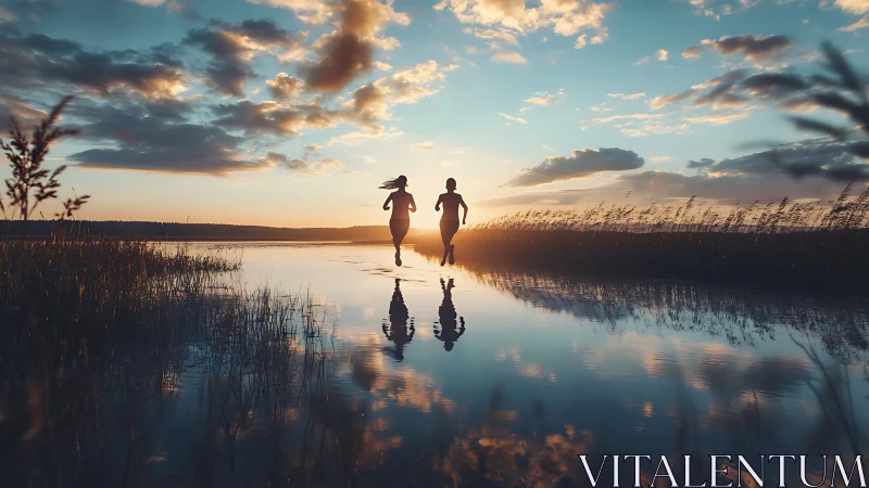 Silhouetted runners cross reflective lake at golden sunset.
