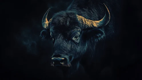 Low-key buffalo portrait with high-contrast horn luminance.