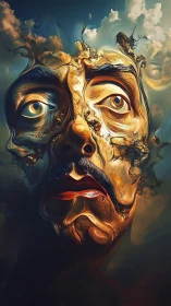 Surreal human face dissolves into swirling sky and clouds