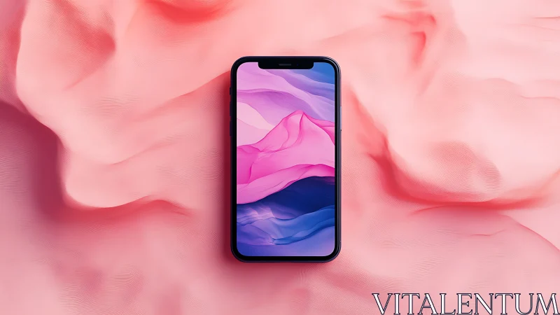 Smartphone with fluid gradient display on pink background.