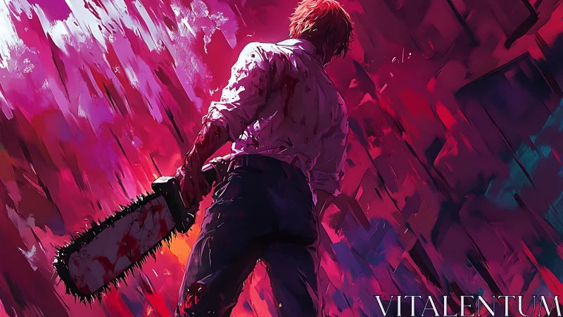 Dynamic digital painting of bloodied chainsaw antihero.