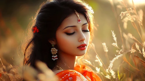 Sunlit portrait of serene woman in traditional jewelry.