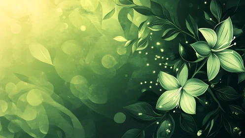 Emerald floral abstraction with luminous gradient bokeh field.