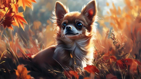 Autumn-lit Chihuahua portrait in shallow-depth meadowscape.