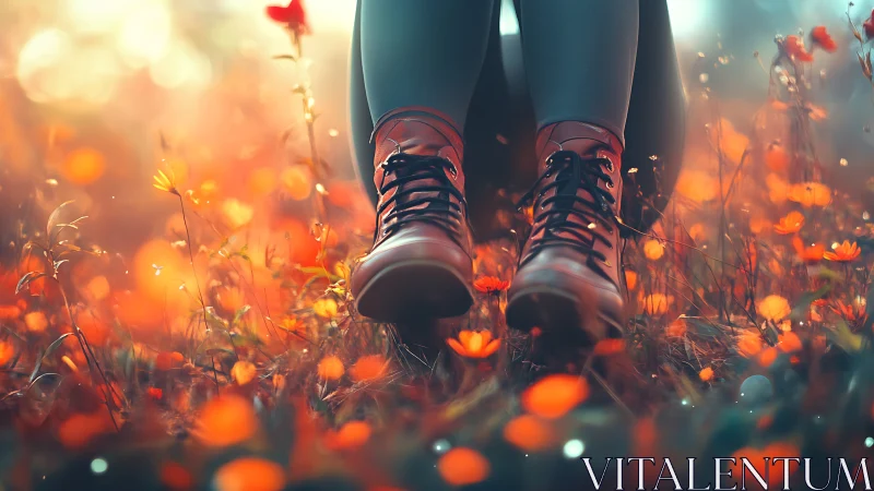 Warm backlit boots rest in shallow focus wildflower field