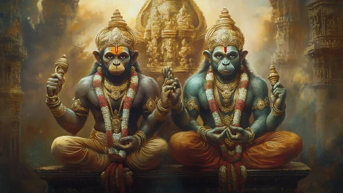 Twin simian sages in molten-gold temple haze, silently throned.