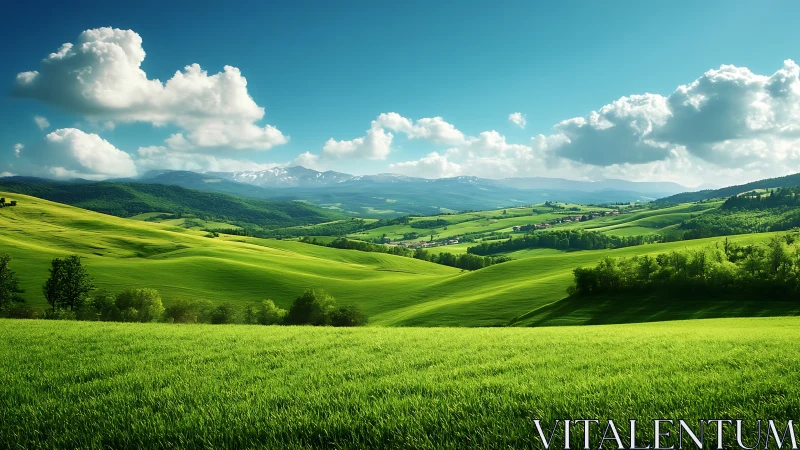 Luminous green hills under expansive cumulus sky panorama.