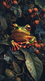 Tree frog among dense foliage and clustered berries.