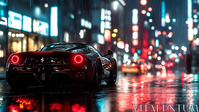 Sleek red sports car glowing on a rainy neon city street.