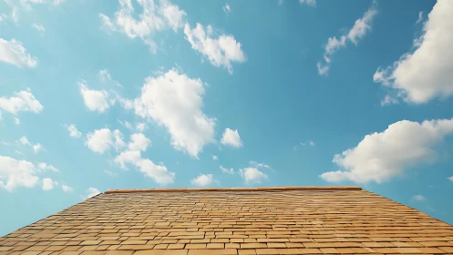 Sunlit shingle roof stretching into a cloud-drifted sky.