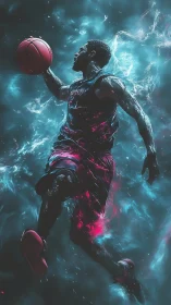 Neon-charged basketball dunk in dynamic digital painting style.