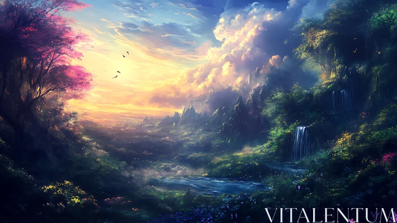 Sunlit fantasy valley with waterfalls and glowing sky.