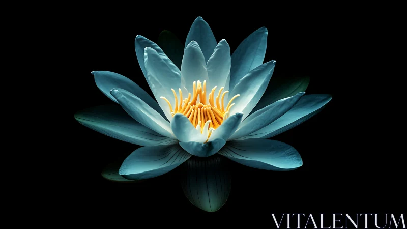 Luminous blue lotus unfolds petals against deep black void.