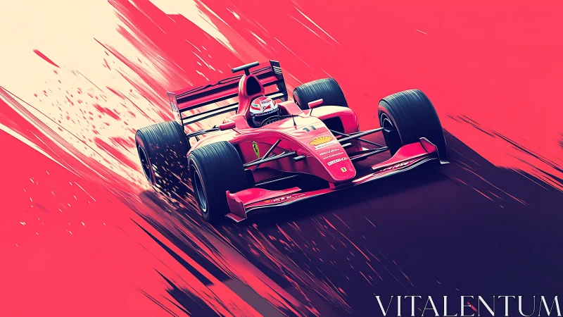 Red Formula racing car in dynamic digital motion blur.