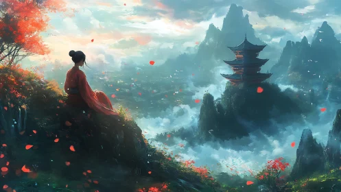 Crimson-robed dreamer above misty pagoda mountainscape.