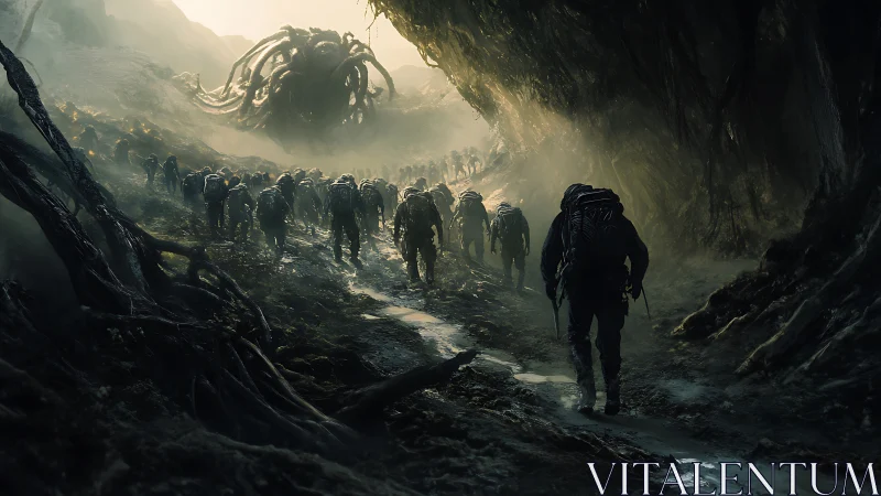 March toward the alien colossus in misted cavern gorge.