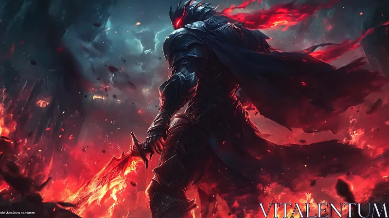 Infernal armored warrior amid molten battlefield flames.