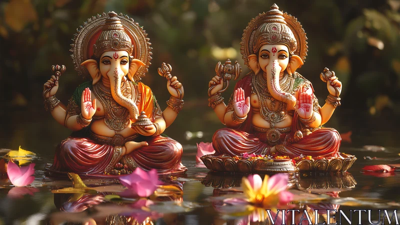 Twin Ganesha guardians glow over lotus-lit reflective waters