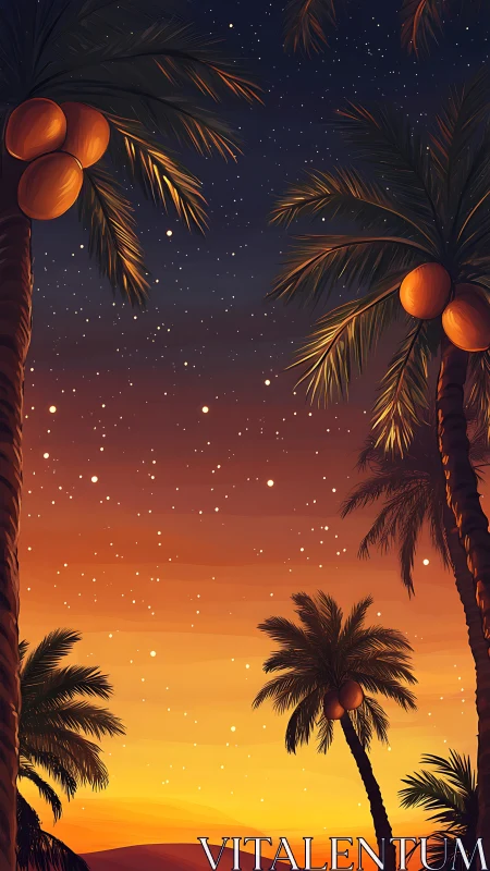 Digital painting of palm silhouettes under glowing dusk sky.