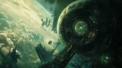 Orbital megastructure surrounding clouded terrestrial planet.