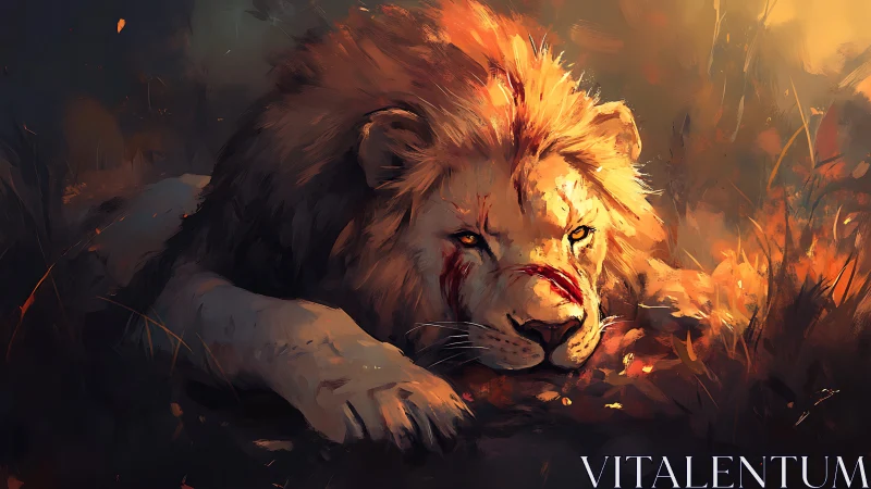 Wounded lion rests in embers of fading savanna fire