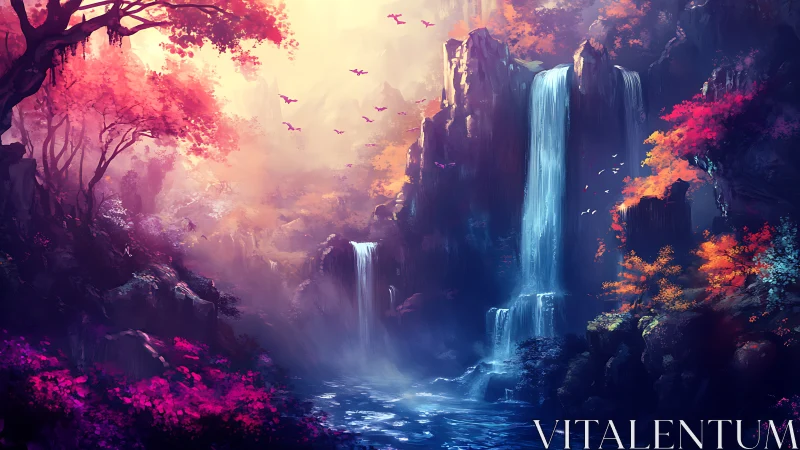 Enchanted waterfall canyon under radiant twilight sky.