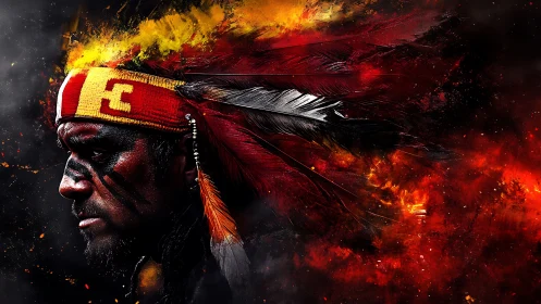 Fiery warrior portrait in explosive feathered headdress.