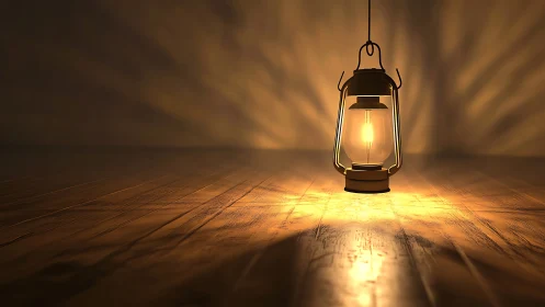 Suspended lantern casting radial caustic light on wooden floor