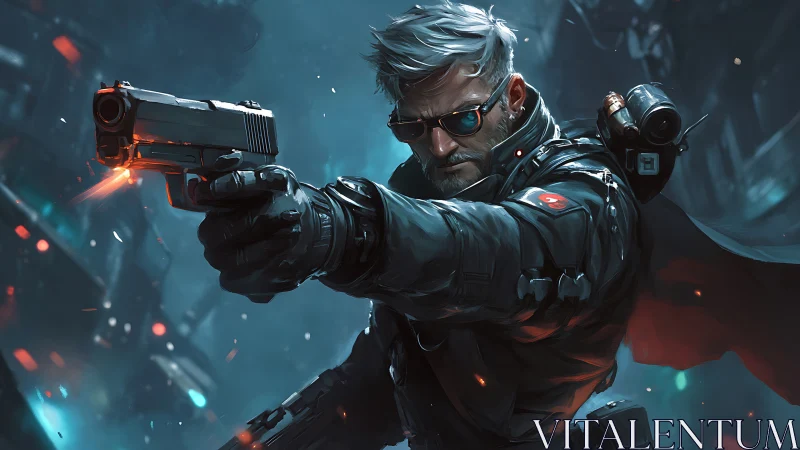 Cyberpunk gunman aims pistol in neon lit urban alley