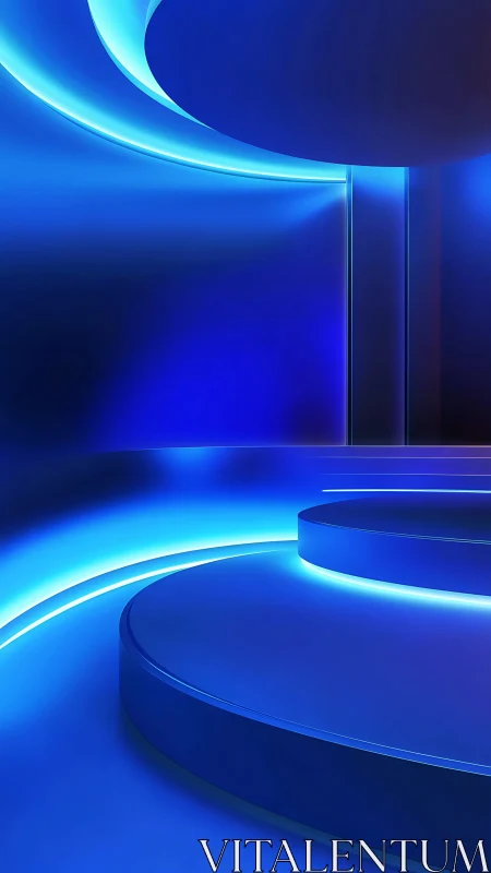 Curved neon podium with luminous blue gradient glow.