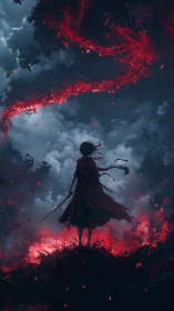 Silhouetted swordsman under swirling red energy and clouds.