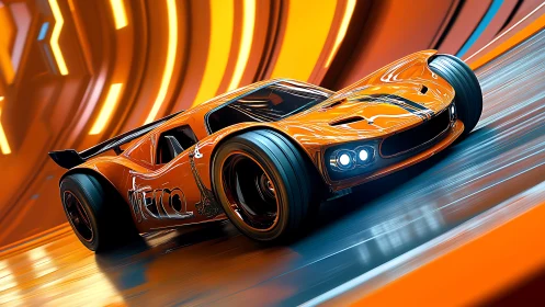 Orange concept race car on curved illuminated track surface.