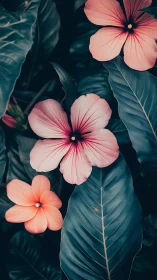 Pink Five-Petaled Flowers Against Deep Teal Foliage.