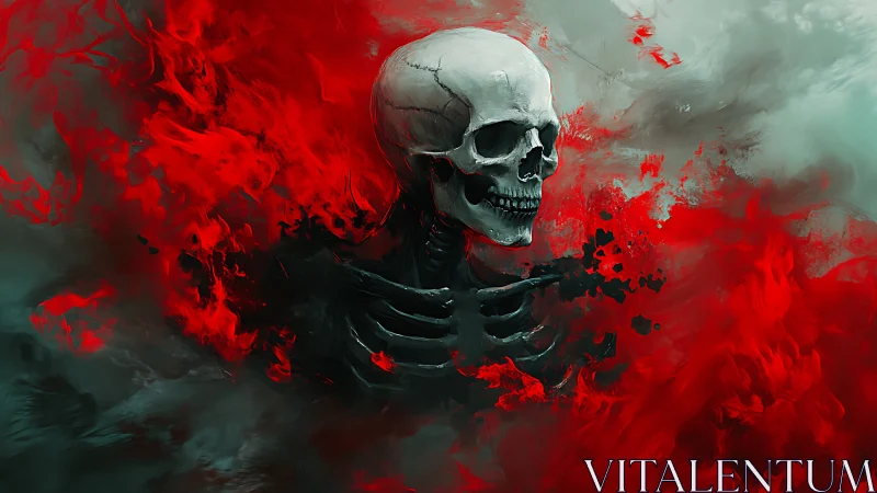 Skull emerging through crimson smoke in dark voidscape.