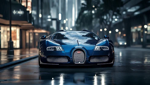 Blue hypercar on wet urban street at night in rainfall.