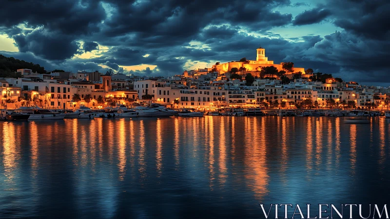 Harbor city skyline under stormy dusk sky, glowing lights.