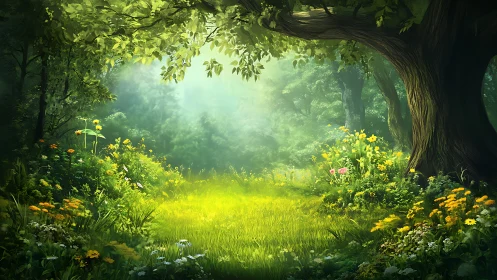 Enchanted Forest Meadow Glowing With Dappled Sunlight