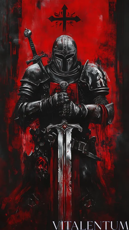 Armored knight grips greatsword before blood-red banner