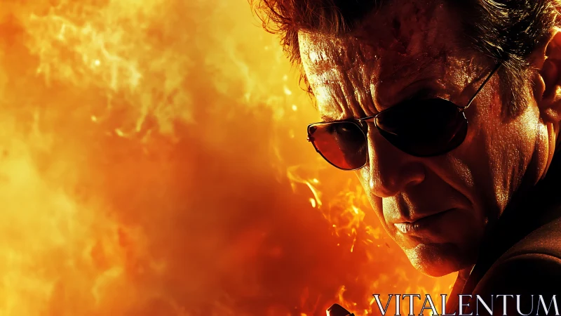 Intense action hero portrait against cinematic firestorm backdrop.