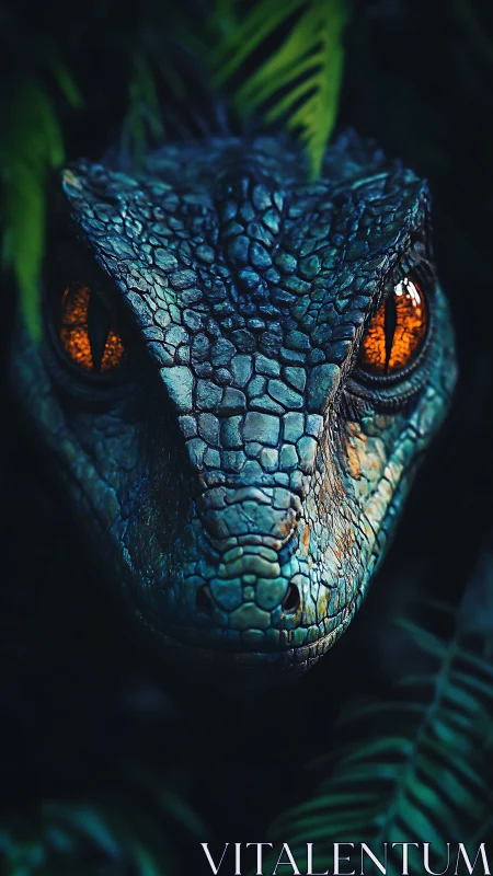 Bioluminescent raptor head close-up with amber slit pupils