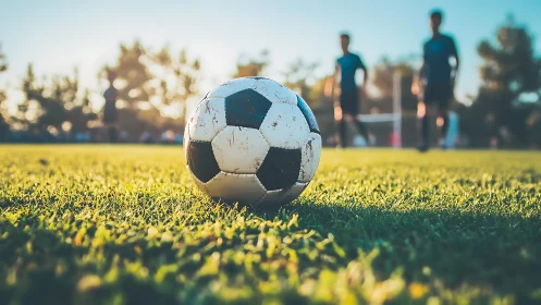 Soccer ball on grass field with blurred players behind.