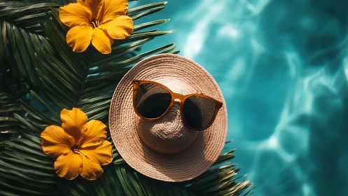 Straw hat and sunglasses arranged on palm leaves beside lit pool
