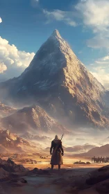 Lone wanderer approaches a towering sunlit mountain of destiny